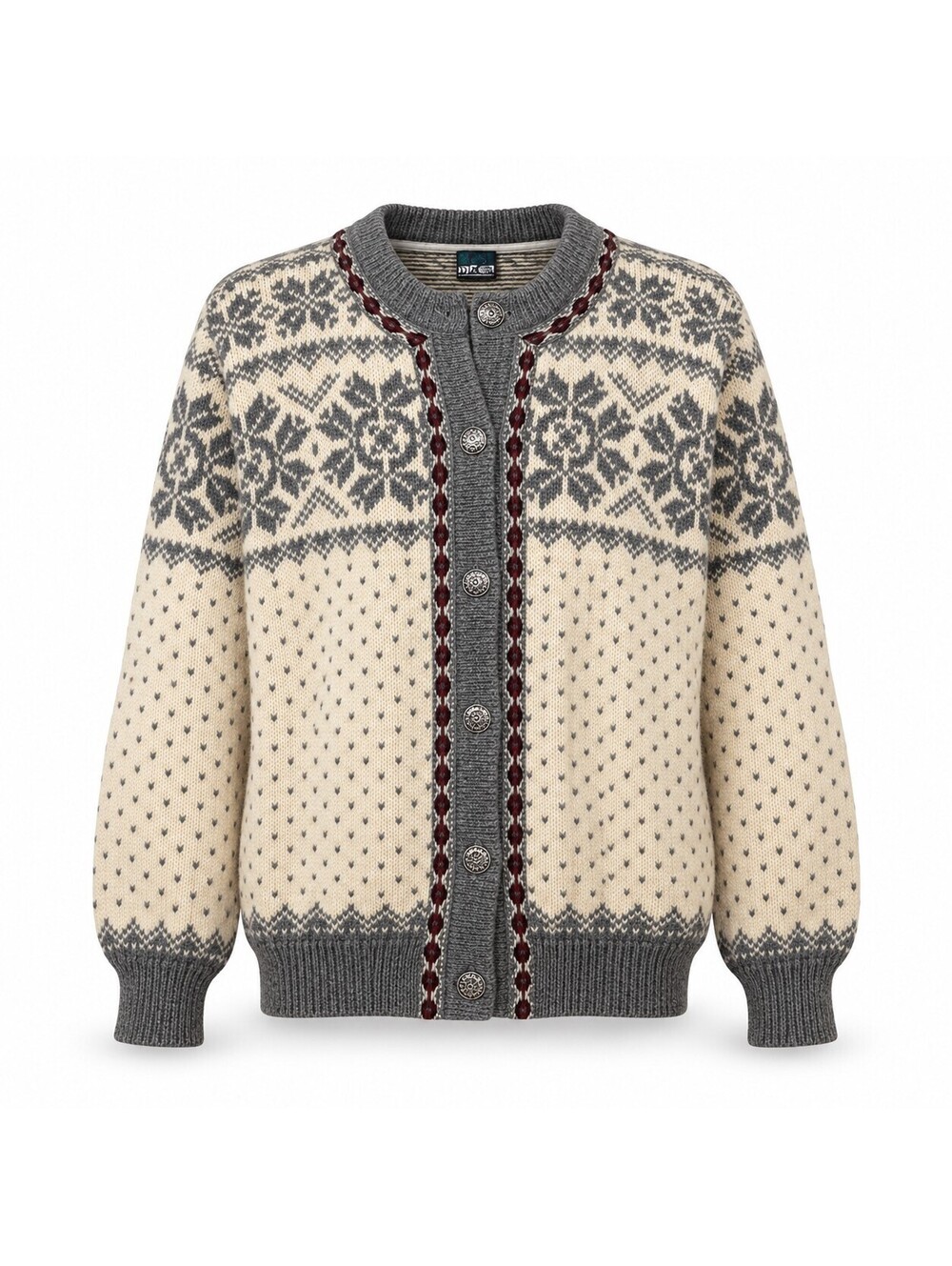 Dale of Norway Grey Cream Wool Nordic Fair Isle Snowflake Cardigan Sweater L